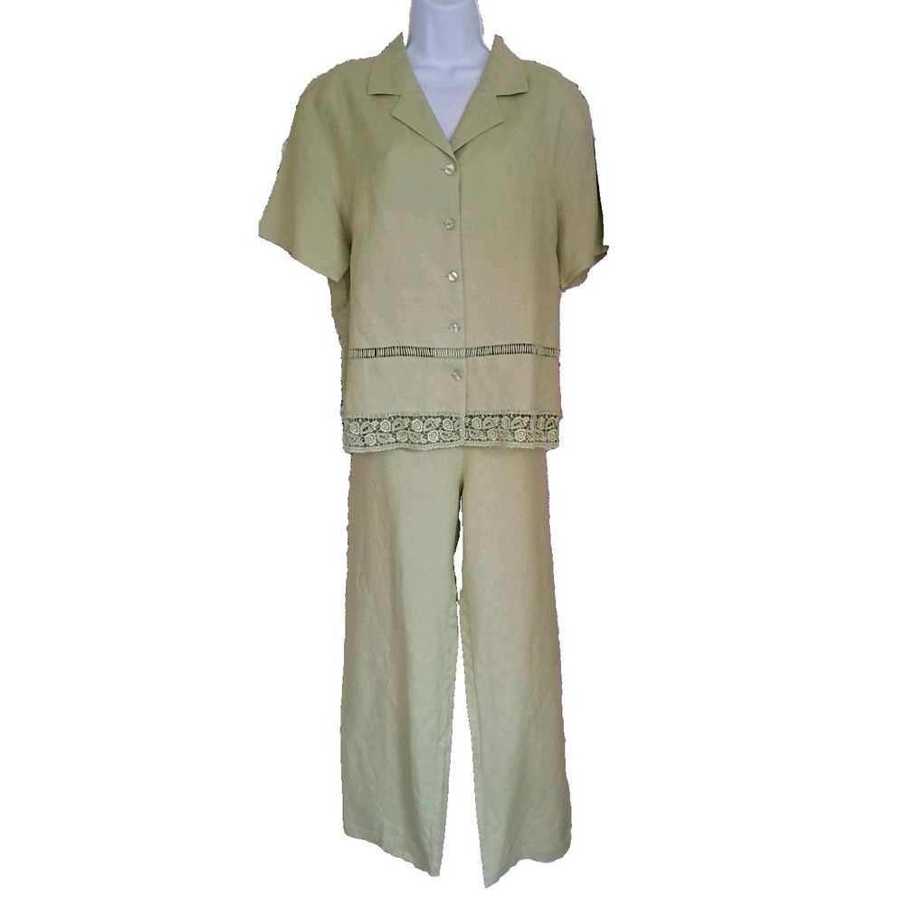 Sherry Taylor Collections Pants Suit XL Lime Green Short Sleeve‎ Elastic Waist